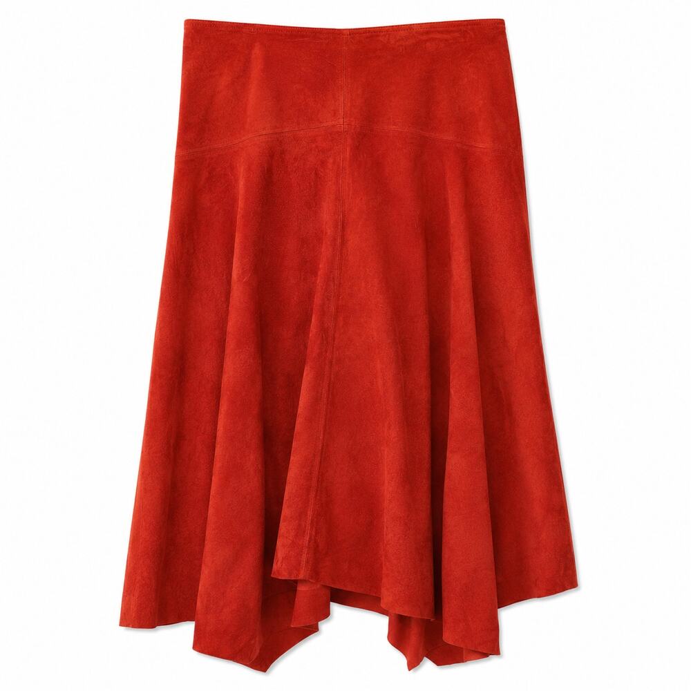 100% Suede Leather Skirt Orange Asymmetrical Midi